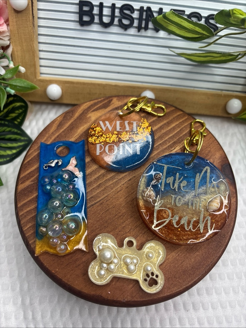 Handmade Blue and Gold Beach Resin Keychain Set